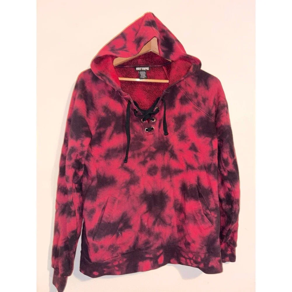 Hot Topic Red and Black Tie Dye Grunge Hoodie - Size Small
